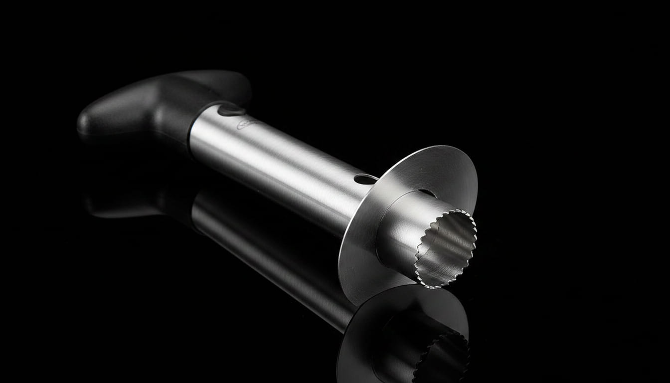 Studio shot of Newness pineapple corer showing serrated edges on a black background.