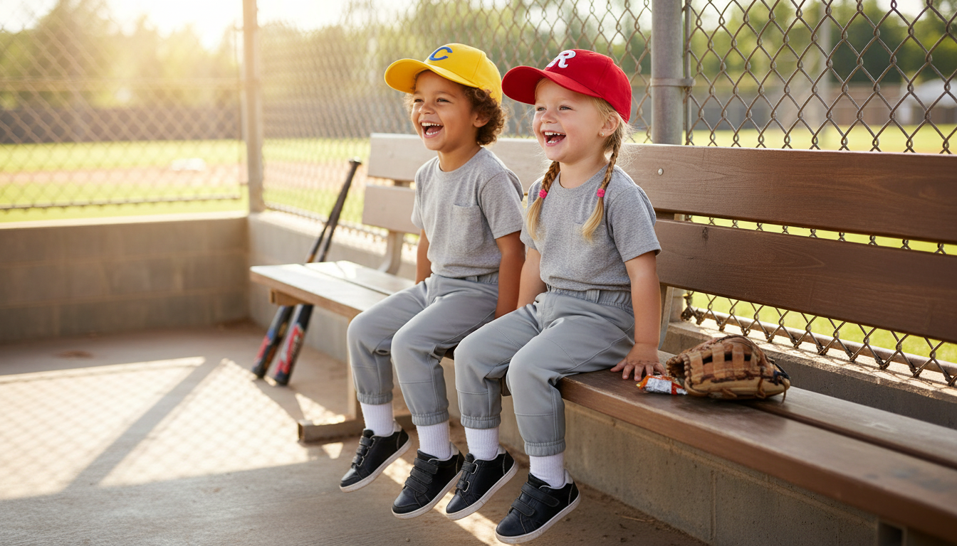 Two young children wearing QBK baseball pants sitting in a dugout and laughing together. Best pull-on baseball pants