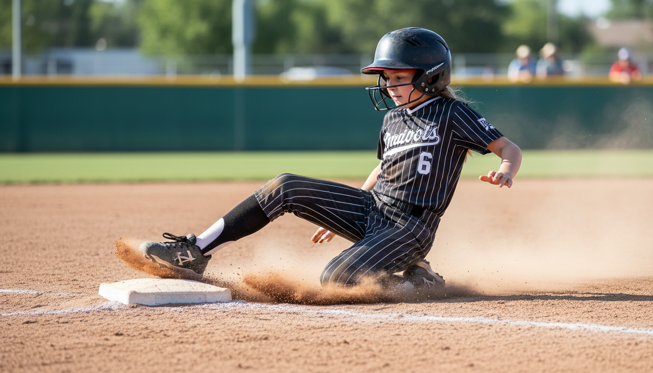 Young girl sliding into base wearing black QBK softball pants, showing toughness and flexibility.