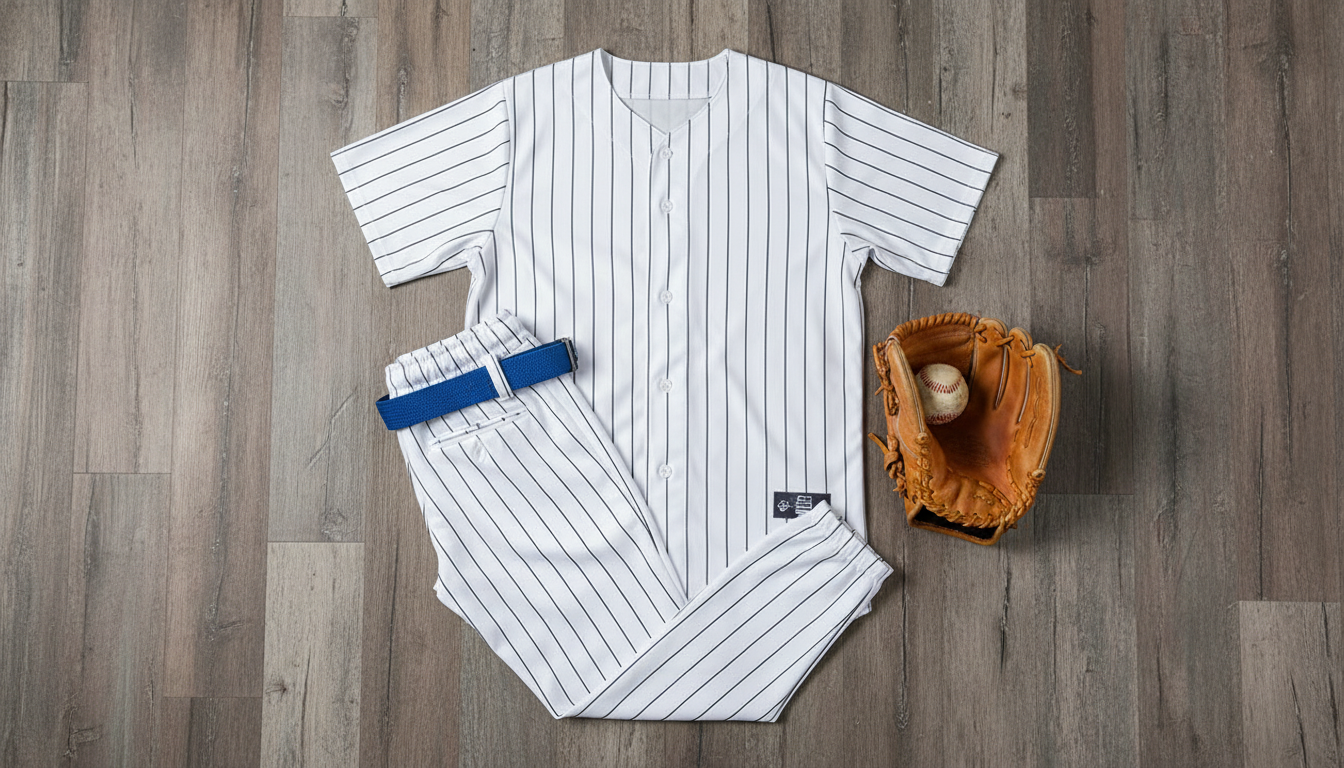 Flat-lay of QBK baseball uniform including white pants, jersey, belt, and glove on wooden floor.