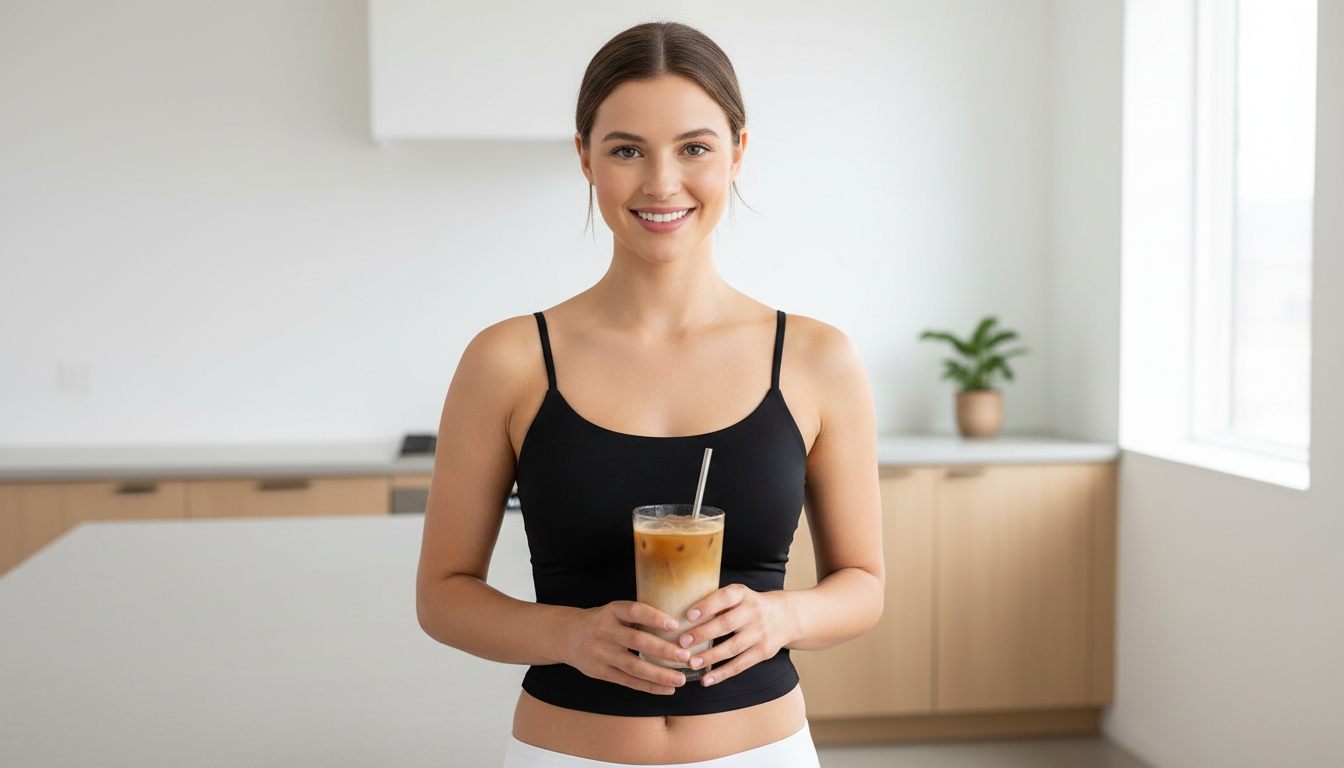Woman wearing a black Trendy Queen double-lined crop top holding iced coffee in a bright modern kitchen. Best bra-free summer tops