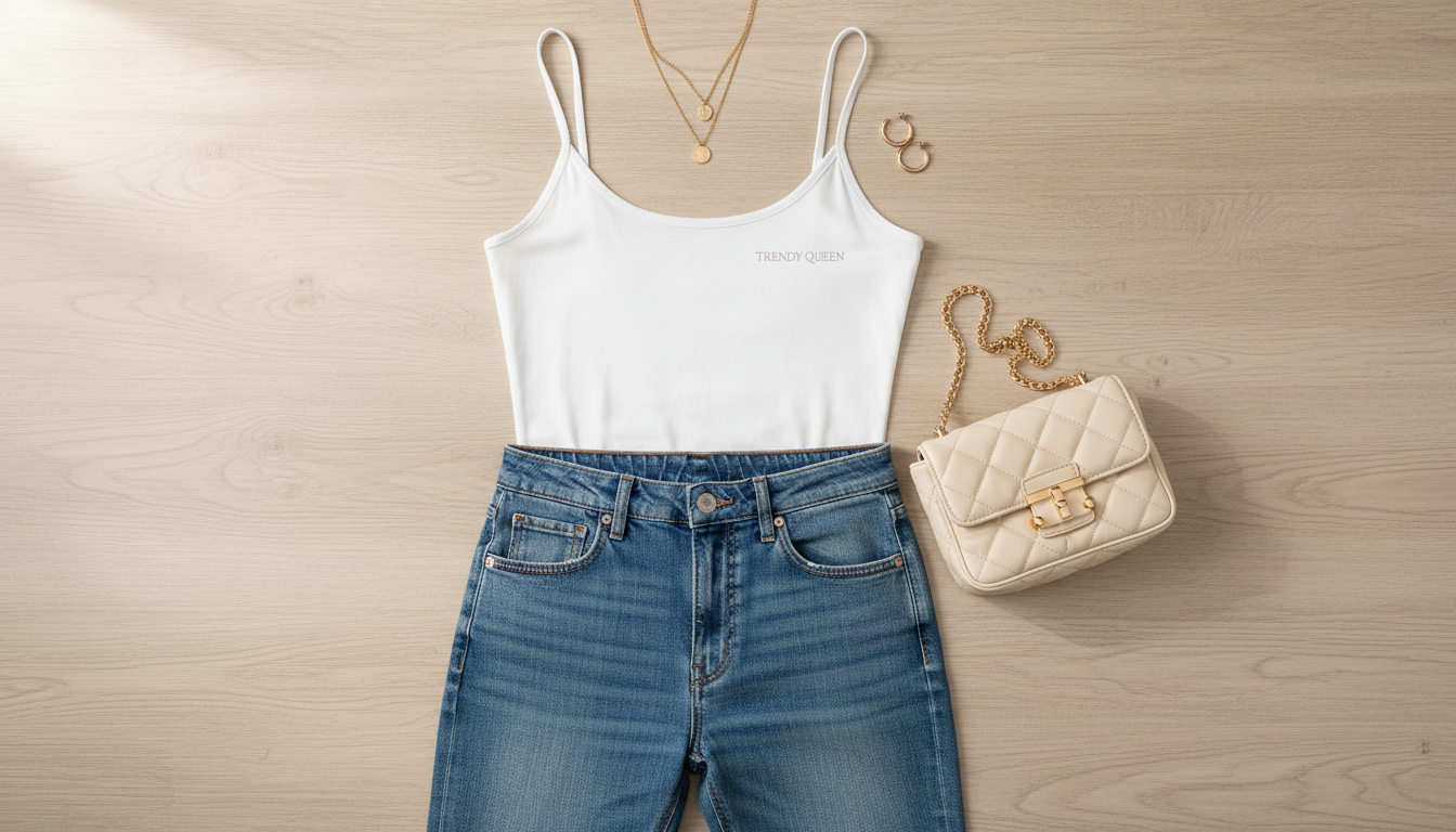 White Trendy Queen tank top styled with high-waisted jeans, gold necklace, and a shoulder bag.