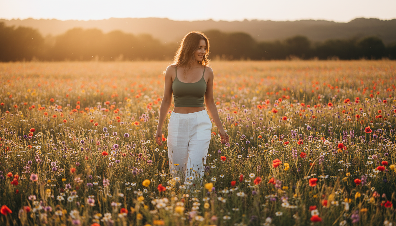 Woman wearing a sage green Trendy Queen crop top and white pants walking through wildflowers at sunset.