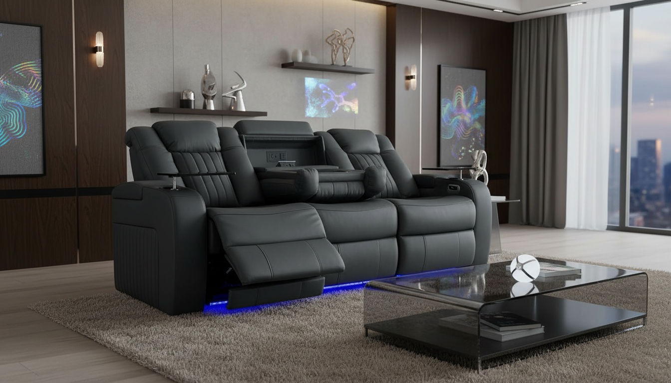 Black REKLINE Capri LED recliner sofa with blue base lighting in a luxury living room. Best 3-seater sofa with heat and massage