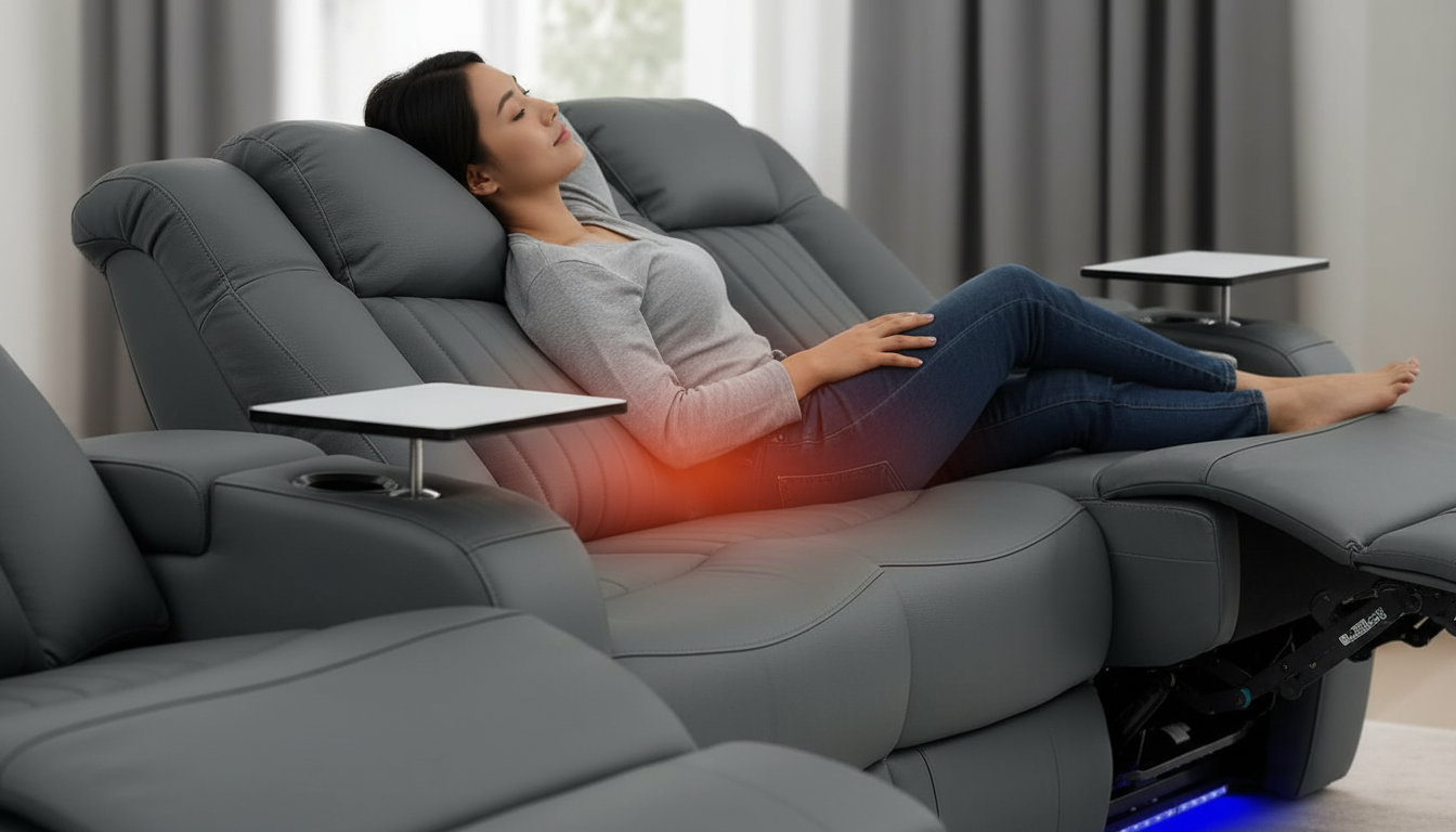 Person relaxing on a reclined REKLINE Capri sofa showing padded headrest and lumbar support.