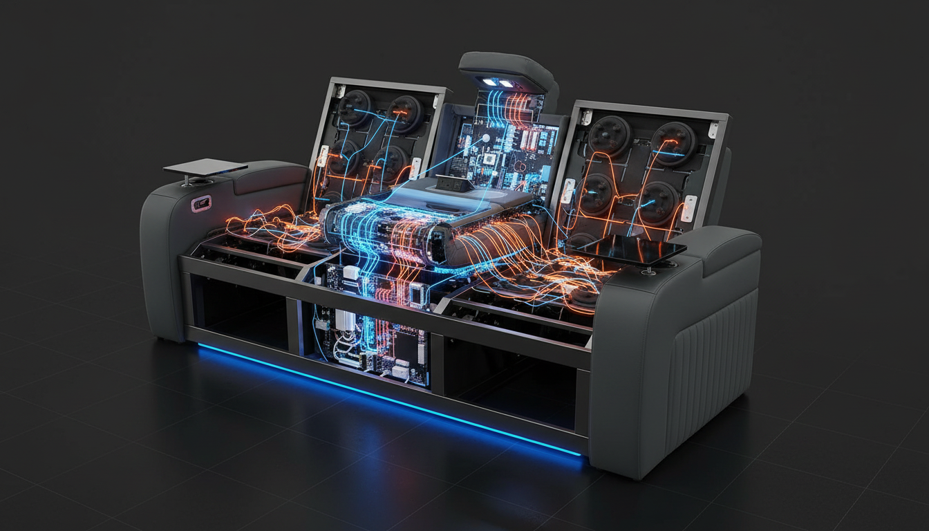 3D render of REKLINE Capri sofa frame showing internal steel structure and massage nodes.