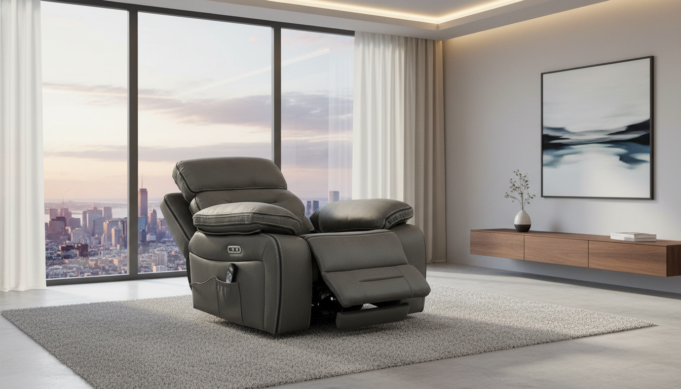 Best power recliner with 8-point vibration massage in the UK 2026 Graphite fabric electric recliner chair in a bright, modern living room with large windows.Best power recliner: