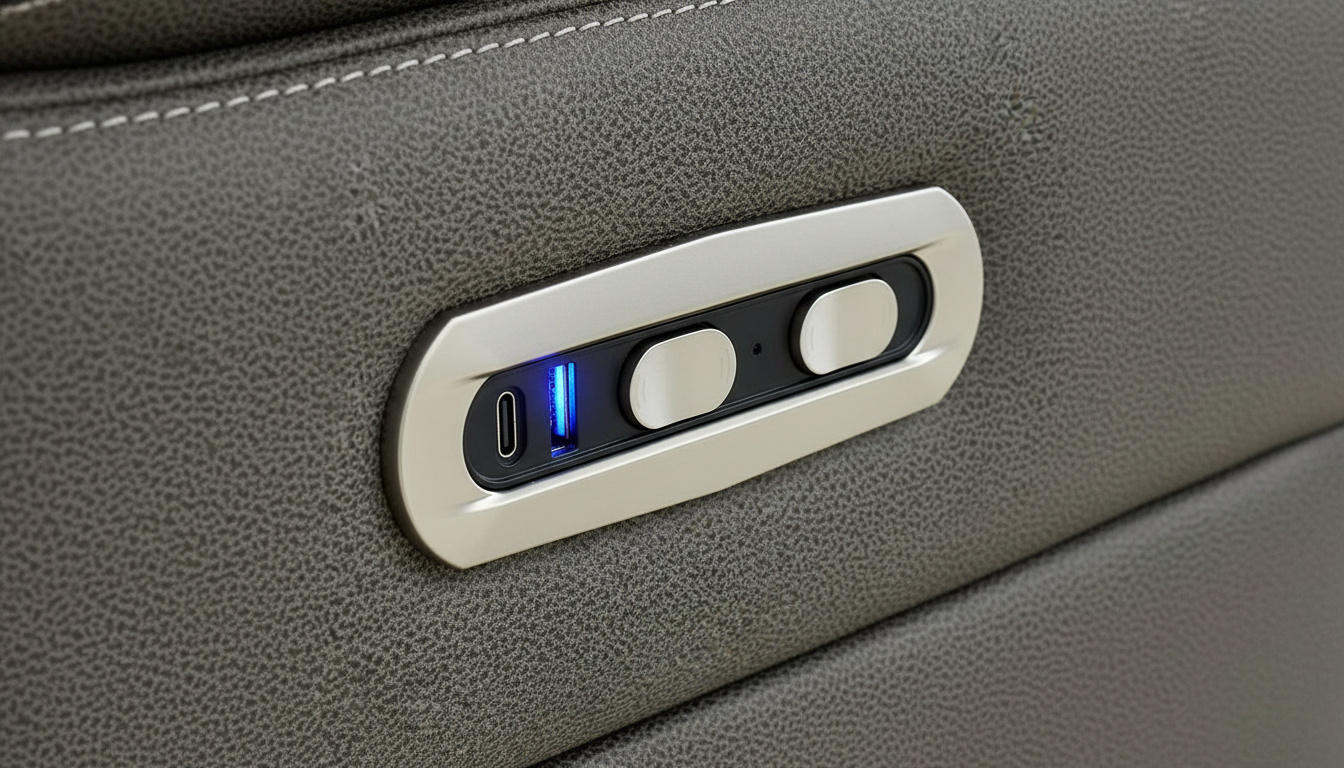 Best power recliner with 8-point vibration massage in the UK 2026 Close-up of recliner side buttons with USB port and textured fabric upholstery.