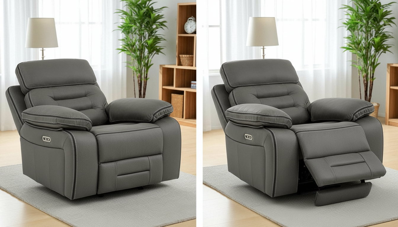 Best power recliner with 8-point vibration massage in the UK 2026 Electric recliner chair shown upright and fully reclined at 140 degrees in a split-view layout.