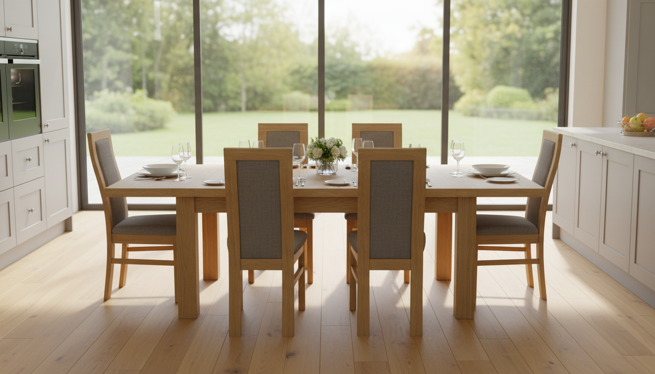 Solid oak extendable dining table with eight chairs set in a bright modern kitchen-diner. Best dining table for large family gatherings.