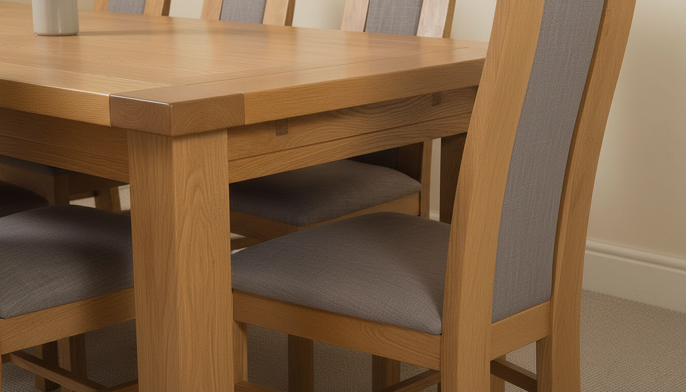 Close-up of solid oak dining table corner showing natural wood grain and curved chair detail.