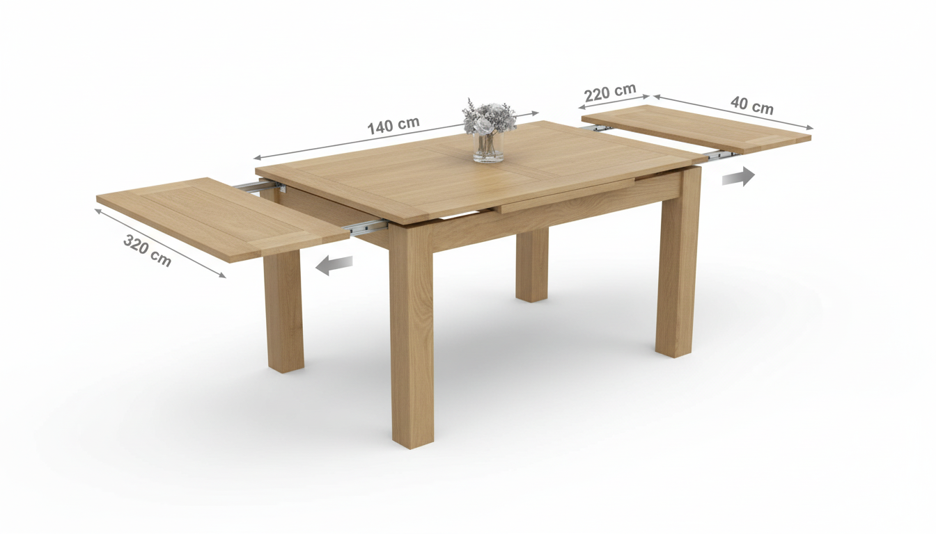 Diagram-style image showing wooden dining table panels sliding out to extend the table length.