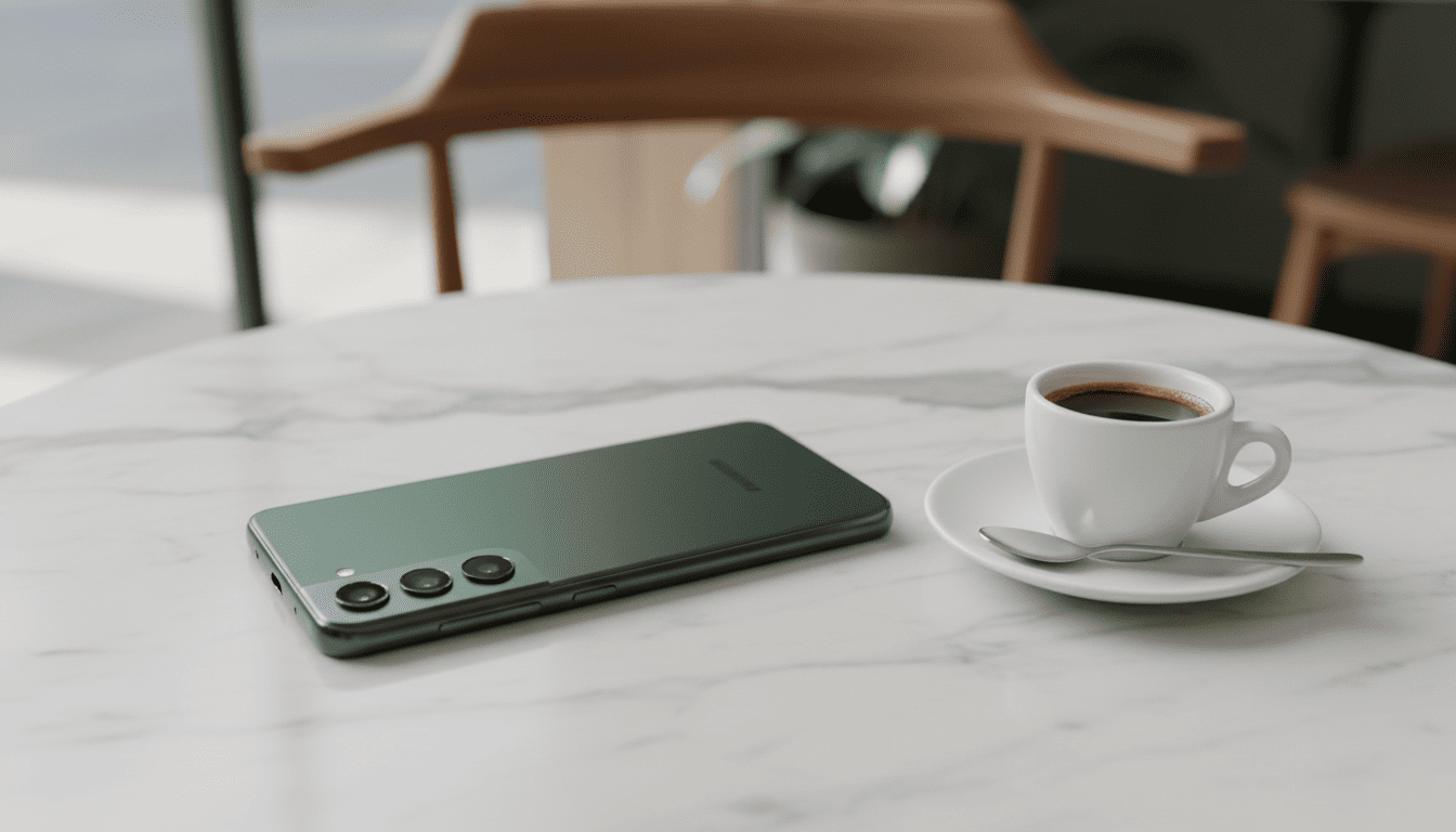 Green Samsung Galaxy S22 5G placed on a marble café table beside an espresso.