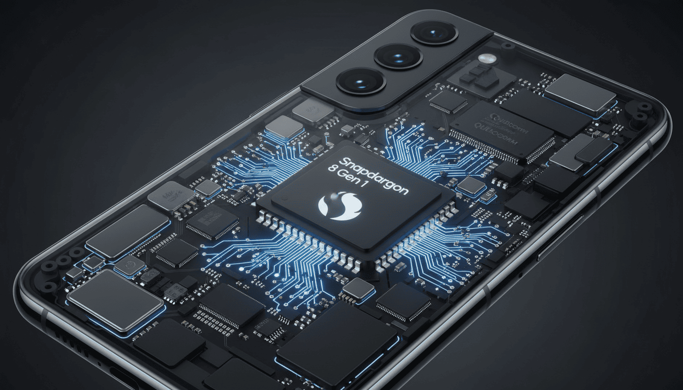 3D render of Snapdragon 8 Gen 1 chip inside Samsung Galaxy S22 5G with glowing effect.
