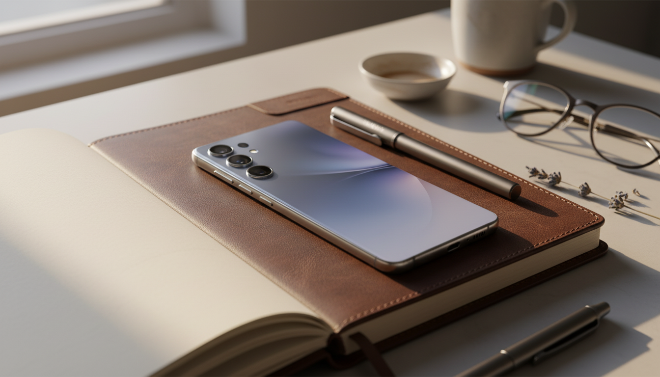 Samsung Galaxy S25 Edge in Titanium Silver placed on a leather notebook with a premium pen.