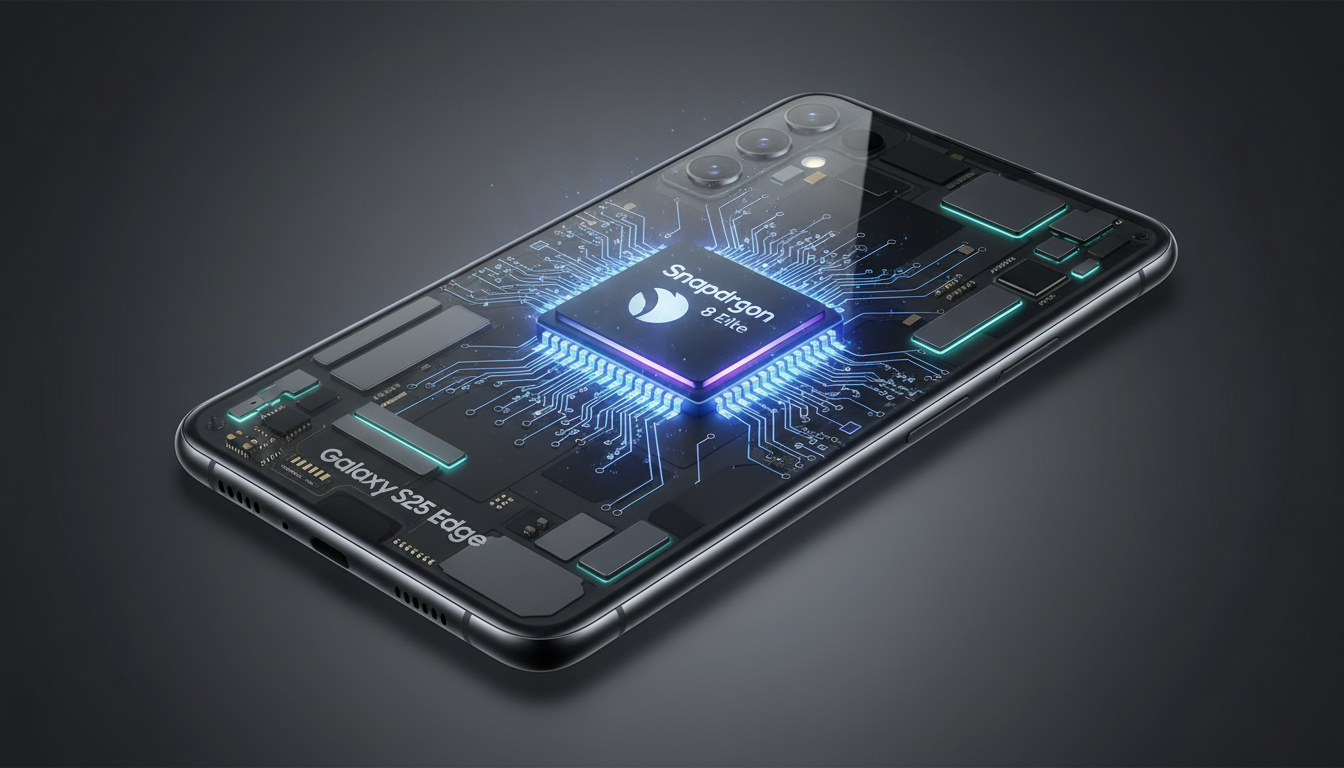 Snapdragon 8 Elite processor glowing beneath the glass back of the Galaxy S25 Edge.