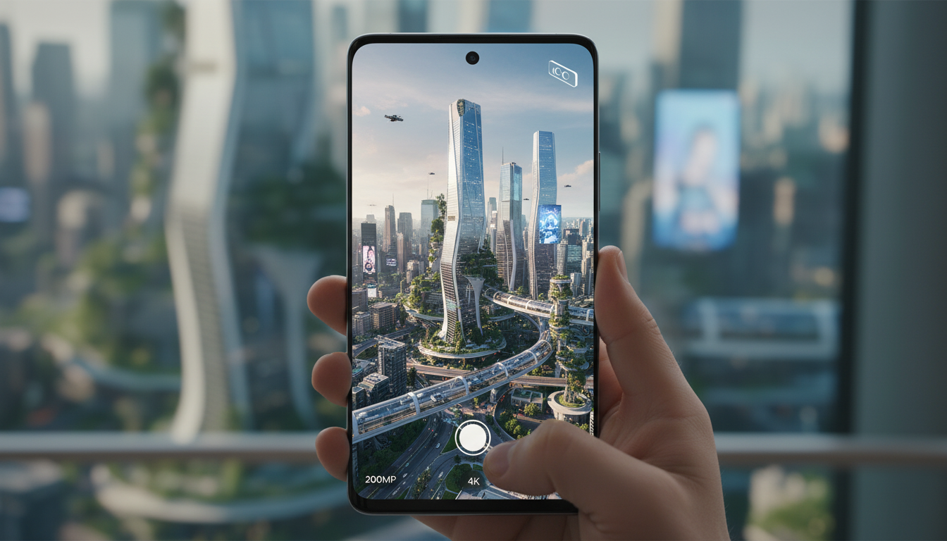 Person using Galaxy S25 Edge to capture a high-resolution cityscape photo.