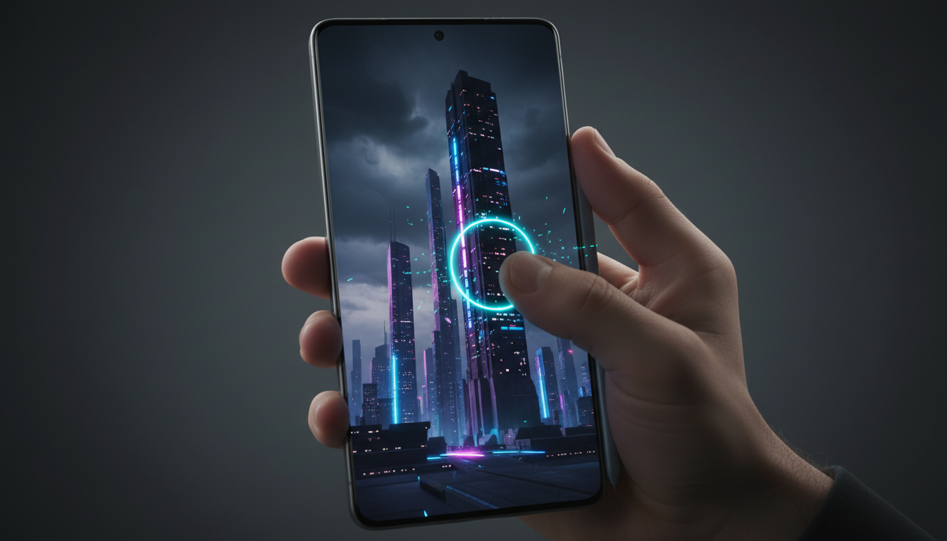 Samsung Galaxy S25 Ultra using Circle to Search feature on futuristic architecture with glowing interface.