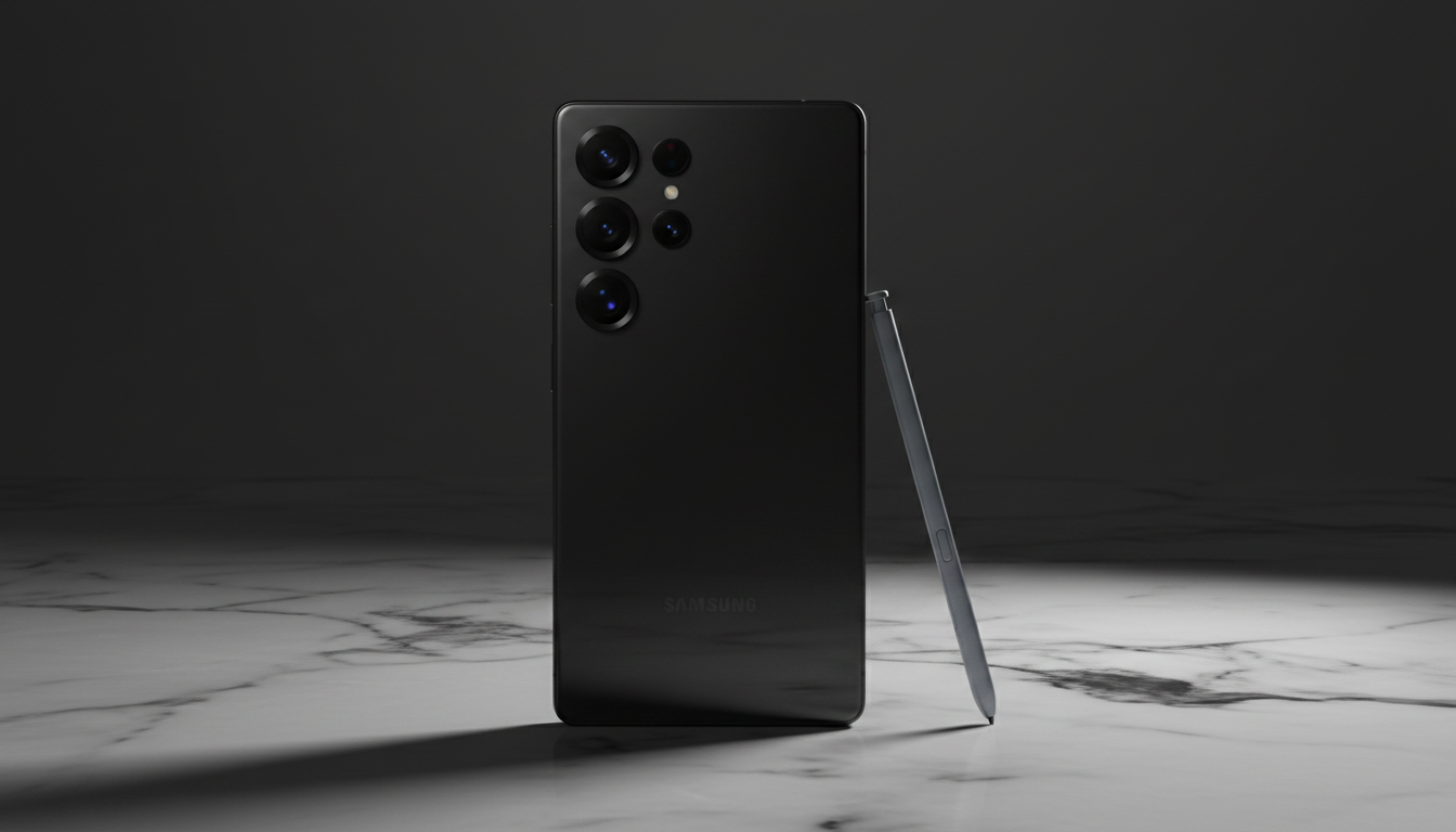 Samsung Galaxy S25 Ultra in Titanium Black standing upright with S Pen on a marble surface.