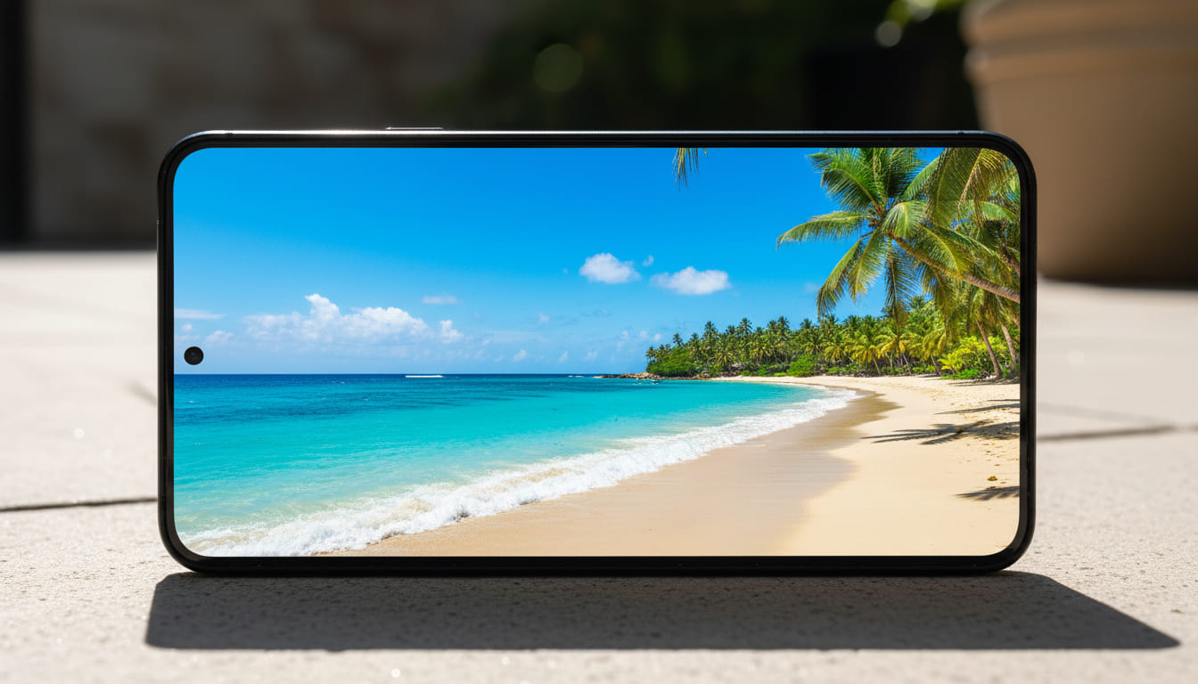 Samsung Galaxy S22 Plus screen clearly visible in bright sunlight showing vivid colors.