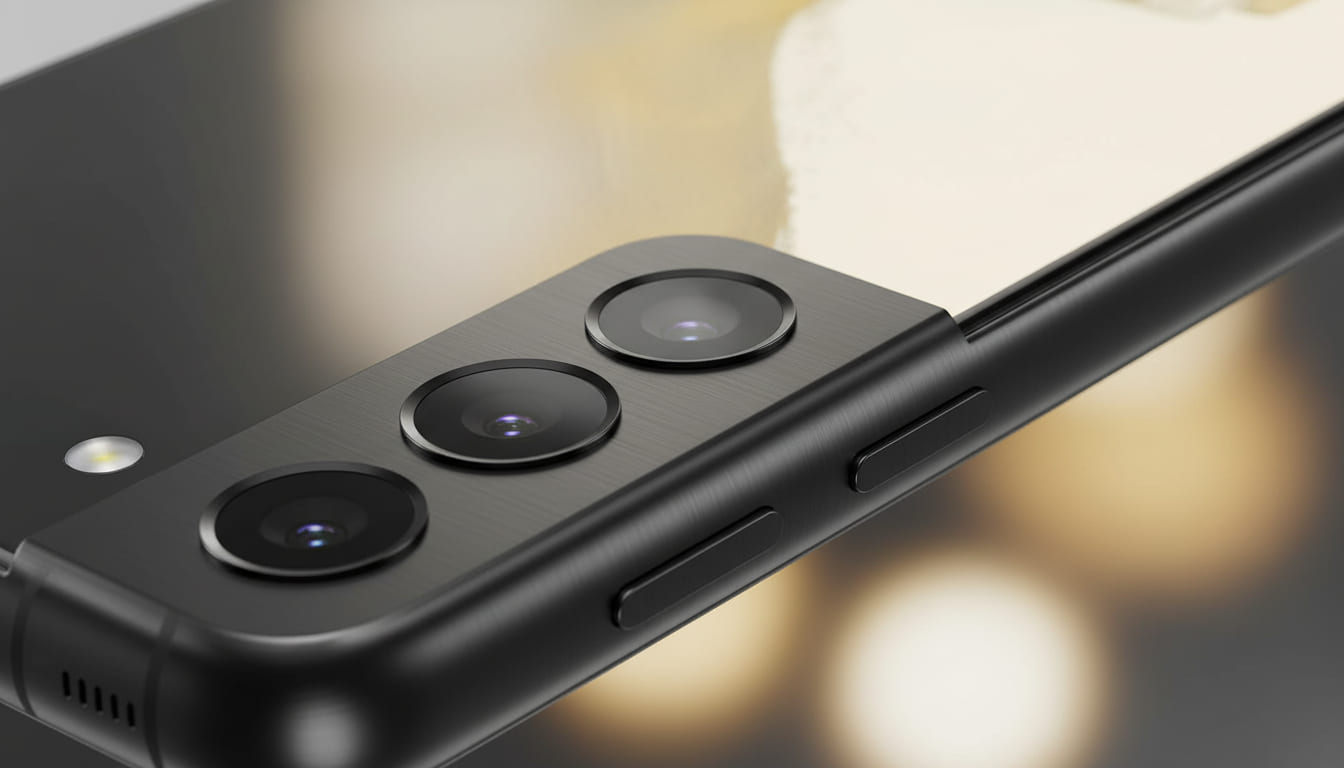 Close-up of Samsung Galaxy S22 Plus Armor Aluminum frame and camera module detail.