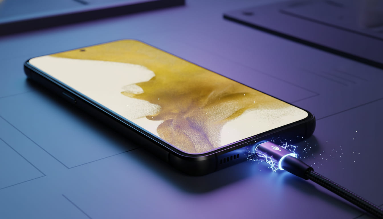 USB-C cable plugged into Samsung Galaxy S22 Plus with glowing fast-charging effect.