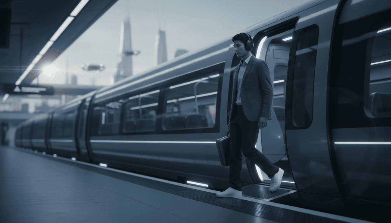 Best noise cancelling headphones for frequent flyers in the UK 2026 Person wearing Sony WH-1000XM5 headphones boarding a futuristic train with a calm expression.