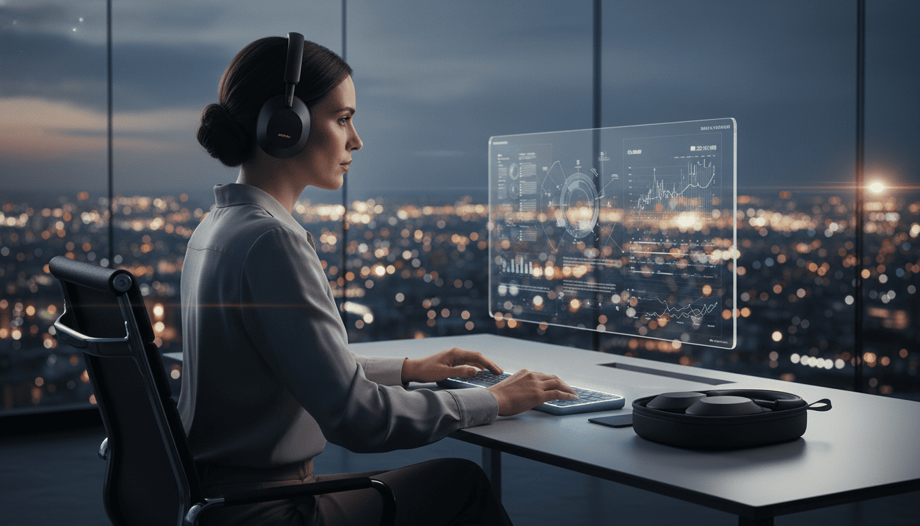 Best noise cancelling headphones for frequent flyers in the UK 2026 Professional wearing Sony WH-1000XM5 headphones in a modern glass office with city lights reflecting in the background. Best noise cancelling headphones