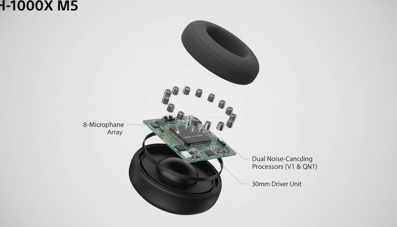 Best noise cancelling headphones for frequent flyers in the UK 2026 Exploded-view render of Sony WH-1000XM5 showing 8-microphone system and dual noise-cancelling processors.