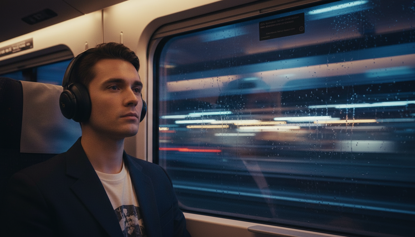 Person wearing black over-ear noise-cancelling headphones on a train with blurred city lights. Best budget ANC headphones
