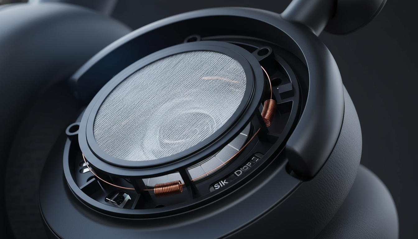 Close-up of headphone drivers with silk diaphragm showing precision audio engineering.