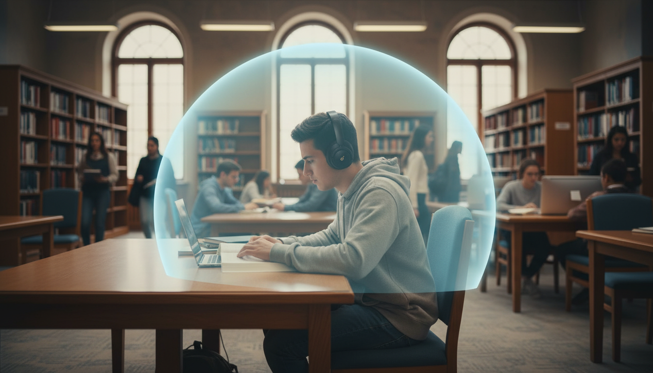 Student studying in a busy library wearing headphones with a visual effect representing silence.