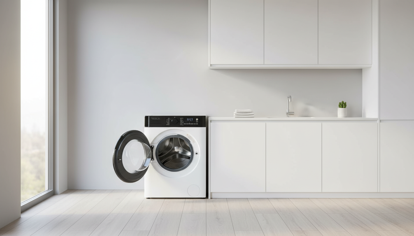 White Tesla TWD106W washer dryer in a bright minimalist laundry room with soft natural lighting. Best 10kg washer 6kg dryer combo 