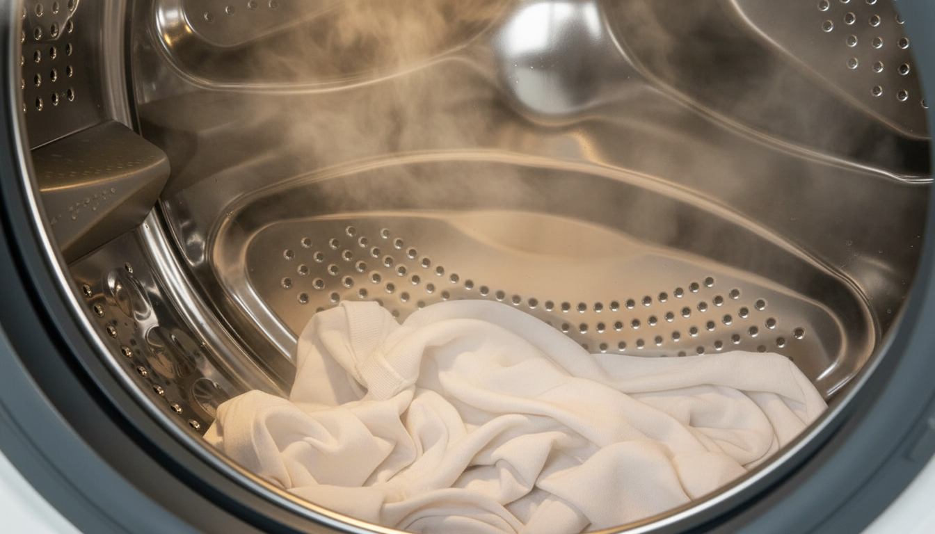 Close-up of Tesla TWD106W honeycomb drum with steam rising around a white t-shirt inside.