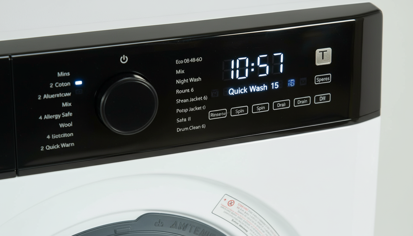 Tesla TWD106W washer dryer LED touchscreen displaying Quick Wash 15 setting in bright white light.