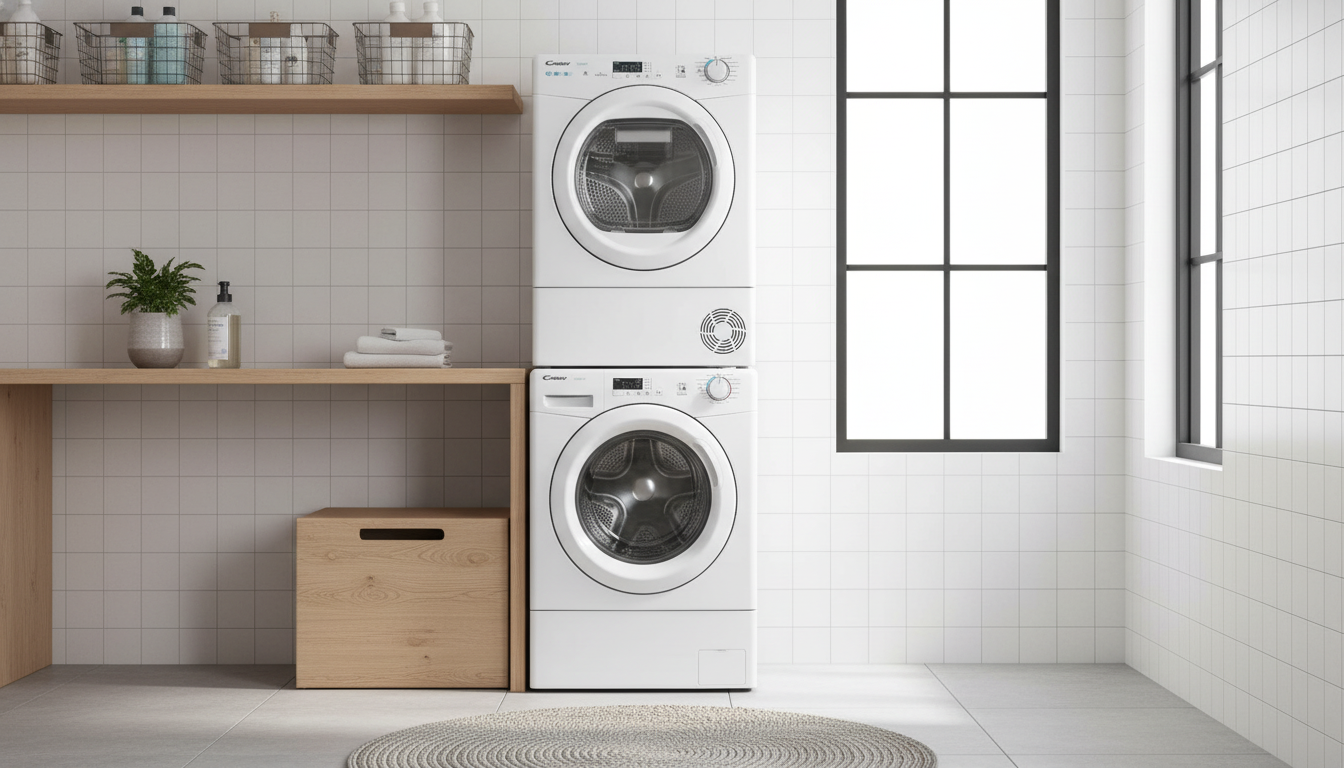 White Candy tumble dryer stacked on a washing machine in a bright, organized utility room. Best budget tumble dryer for large families