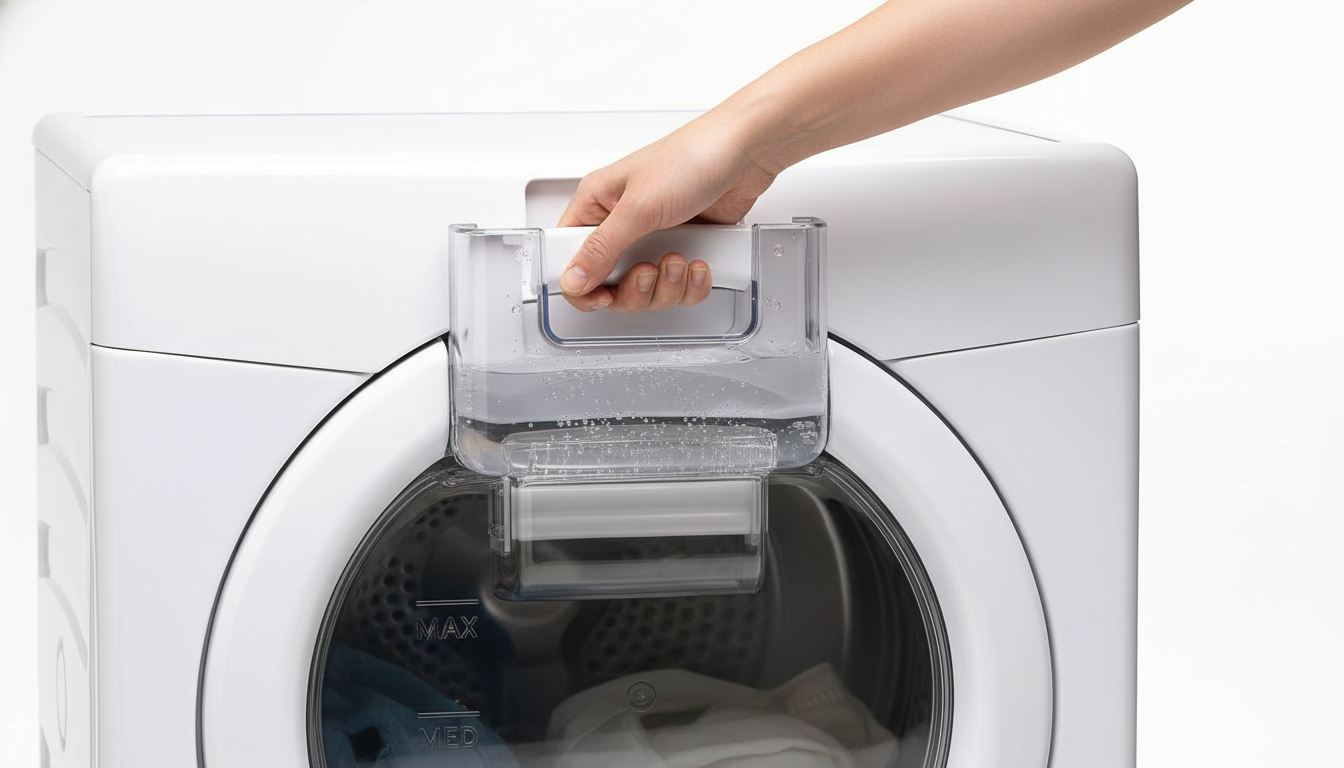 Close-up of Candy dryer EasyCase water tank being removed from the door with visible water inside.