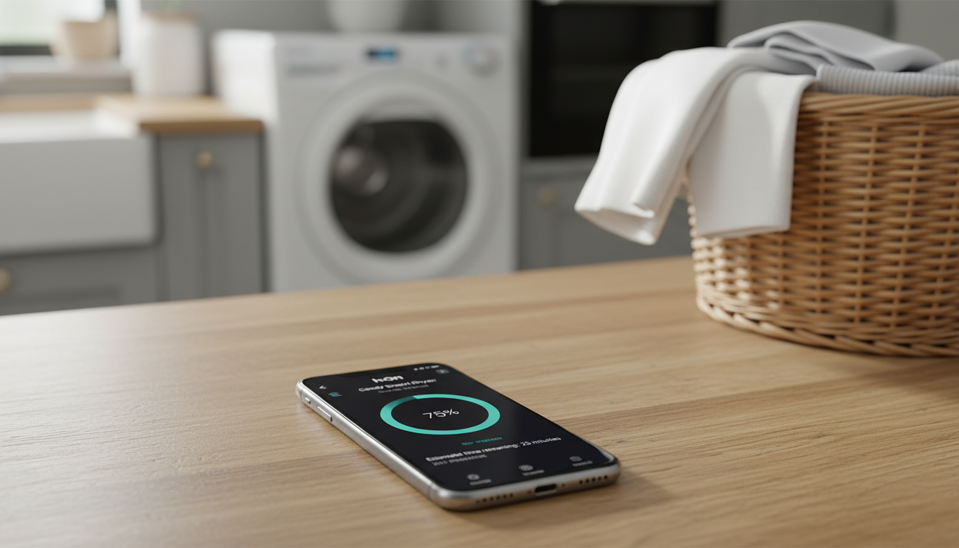 Smartphone displaying hOn app drying progress next to laundry basket and tumble dryer.