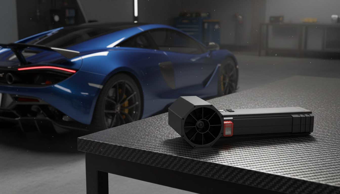 Matte gray cordless air blower placed on a workbench beside a luxury car. Best handheld air blower for car drying