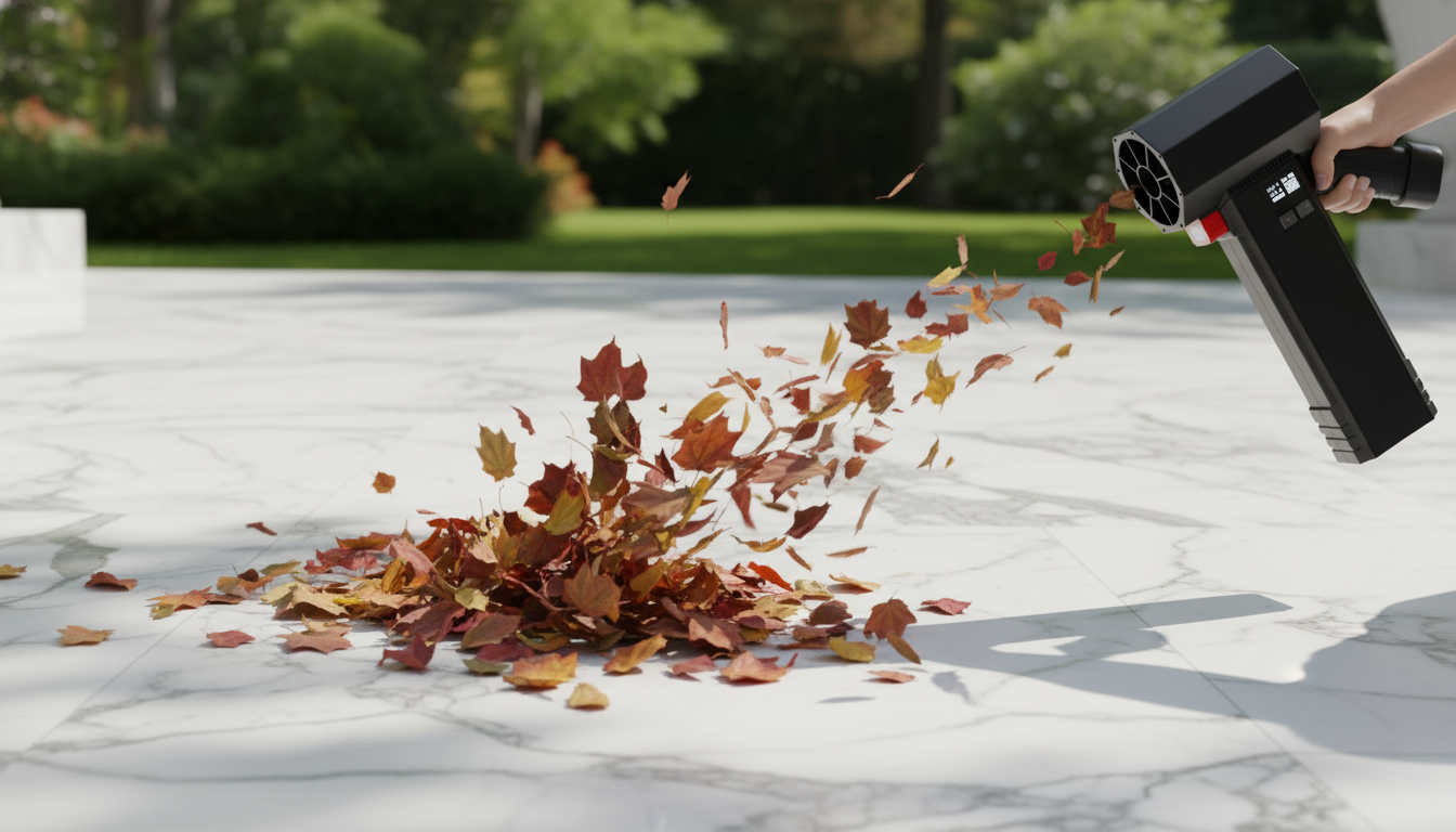 Cordless air blower clearing leaves off a patio with motion blur showing strong airflow.