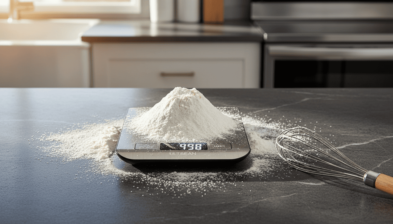 Ultrean stainless steel digital kitchen scale on a quartz countertop with flour and a whisk nearby. Best high-capacity kitchen scale