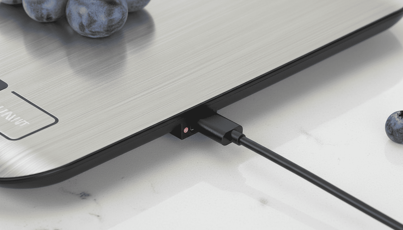 USB-C cable plugged into the side of the Ultrean digital kitchen scale.