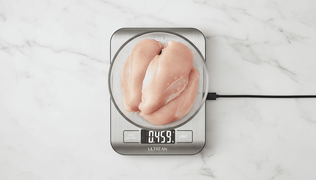 Ultrean 33lb kitchen scale weighing chicken breasts in a glass bowl with a clear digital display.