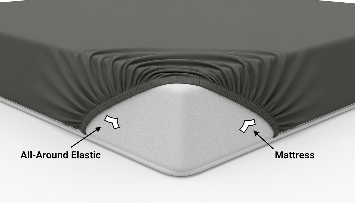 Best deep pocket fitted sheets for 14-inch mattresses 3D illustration of an all-around elastic fitted sheet securely gripping the edges of a mattress