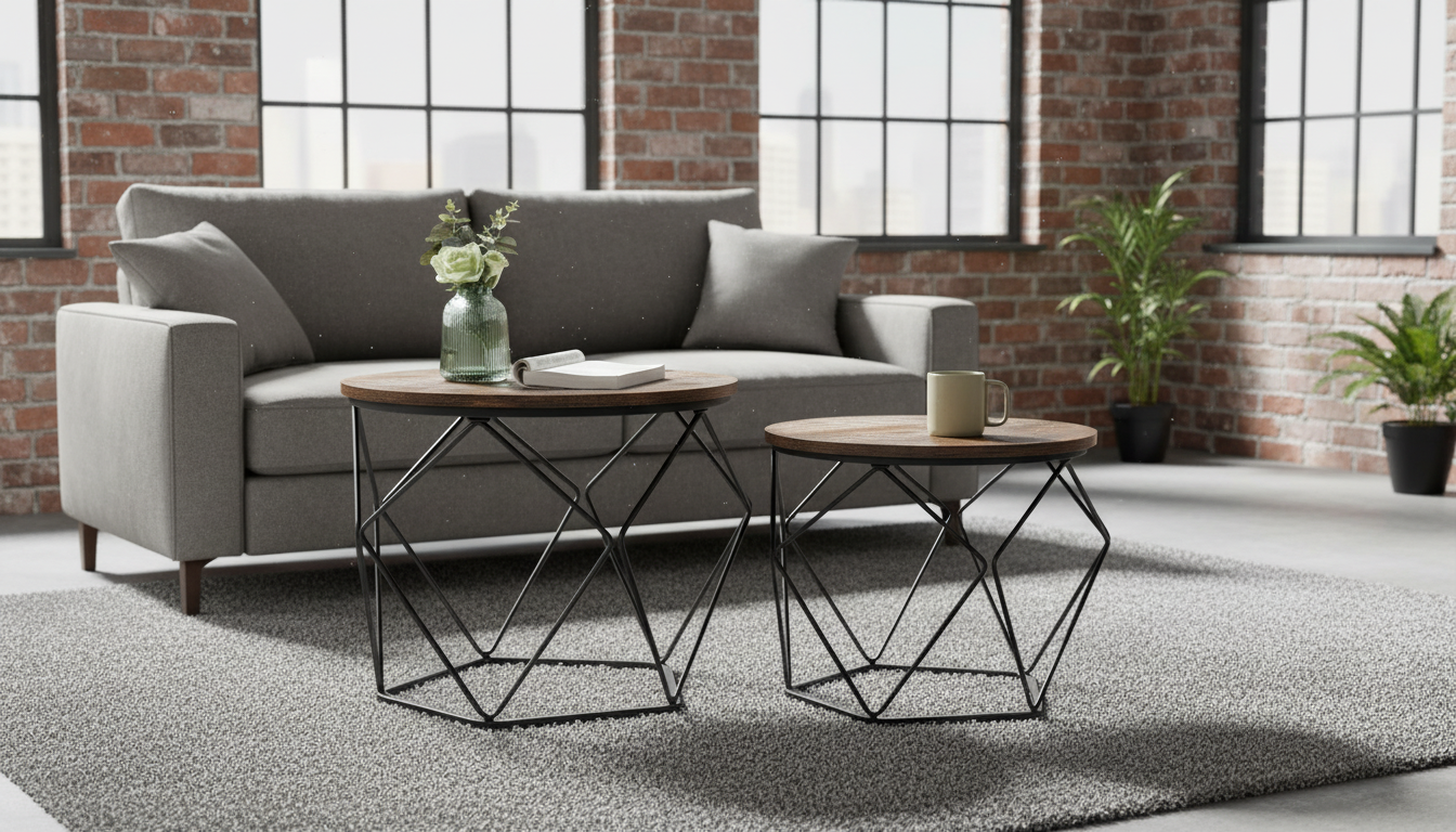 Rustic brown nesting coffee tables with black steel frames in an industrial-style living room with exposed brick and a grey sofa. Best industrial round coffee table set