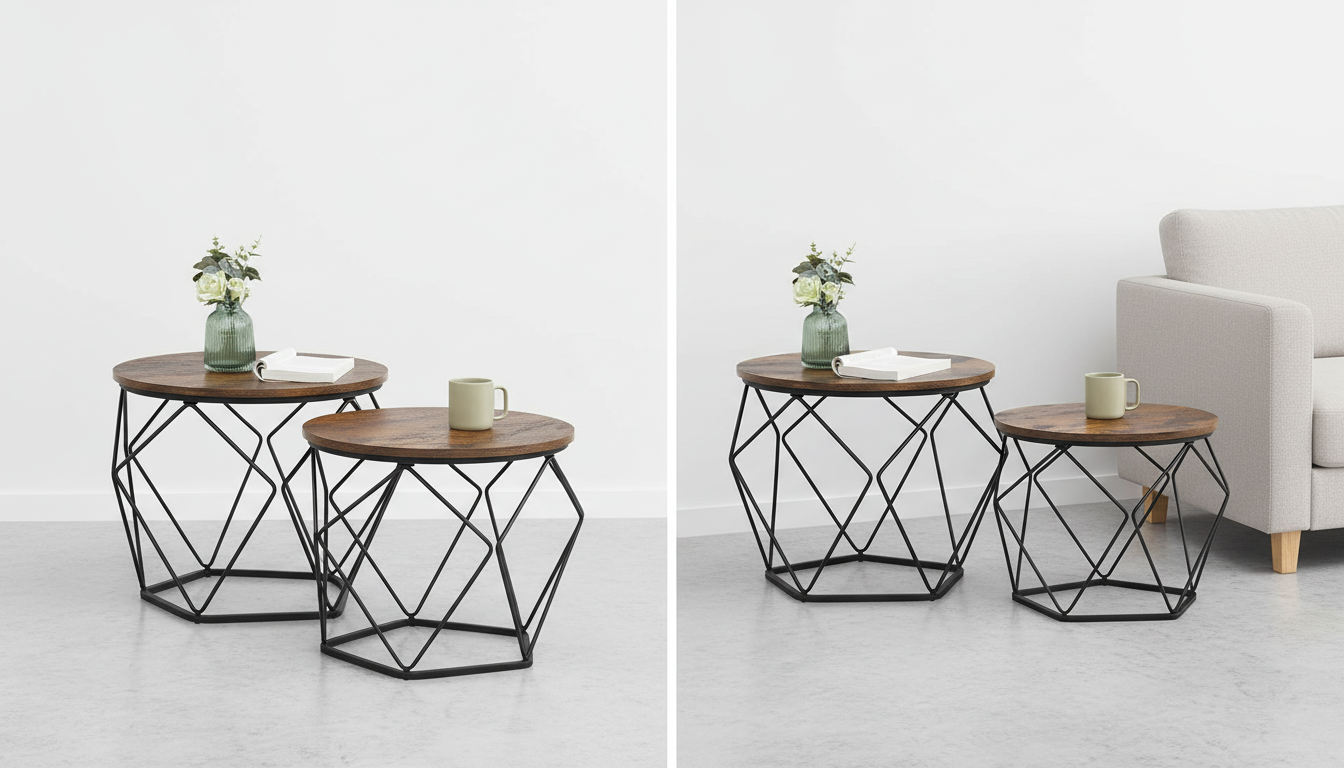 Nesting coffee tables shown together and separately as side tables in a clean split-view layout.