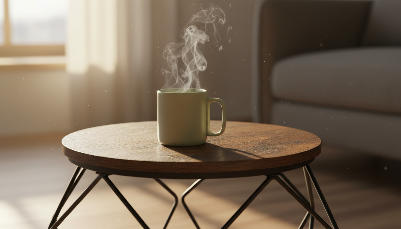 Steaming cup of coffee on a rustic wood-grain coffee table with black steel legs softly blurred in the background.
