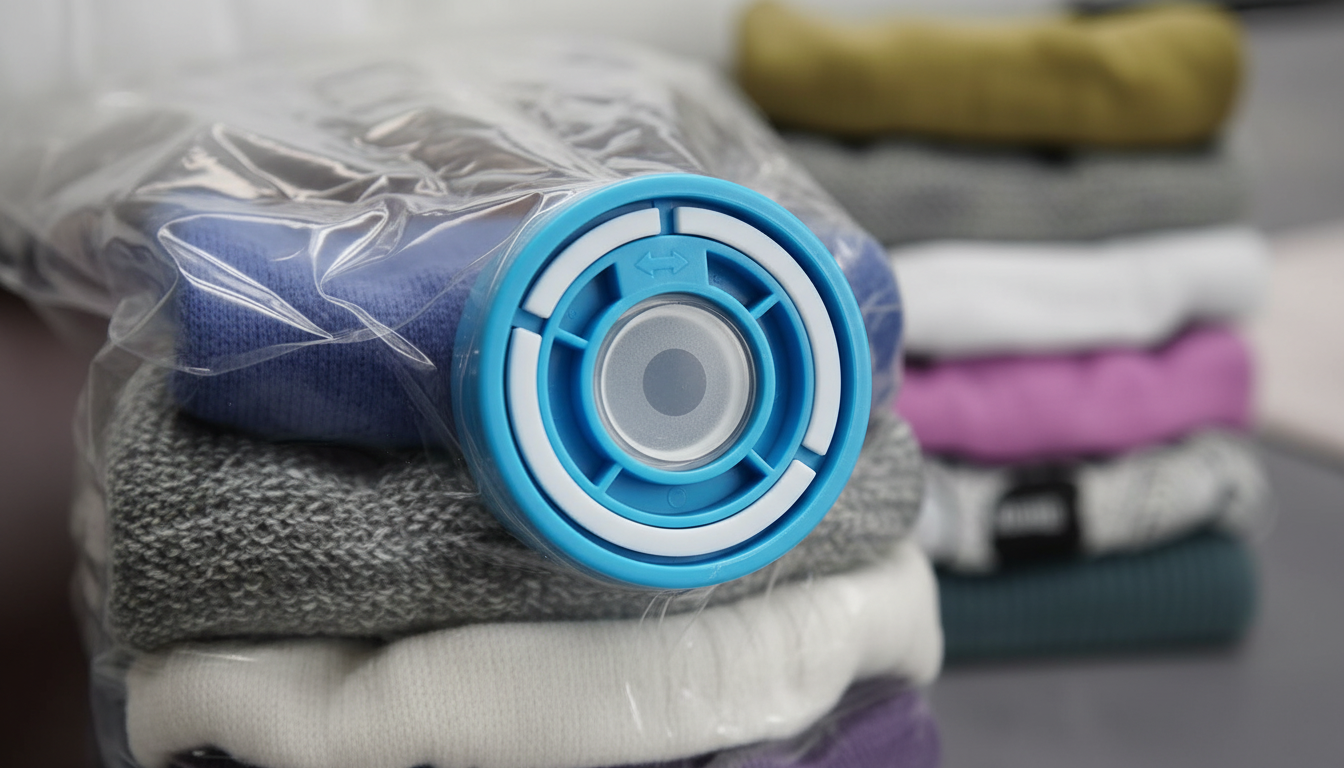 Close-up of a blue and white triple-seal turbo valve on a vacuum storage bag showing one-way air flow design.