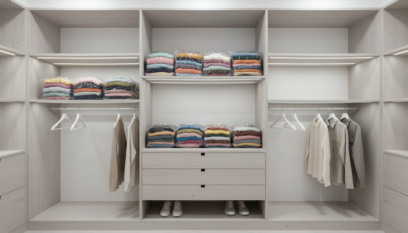 Clear vacuum storage bags filled with folded sweaters neatly stacked on a closet shelf in a minimalist apartment. Best space-saver bags for duvets and blankets