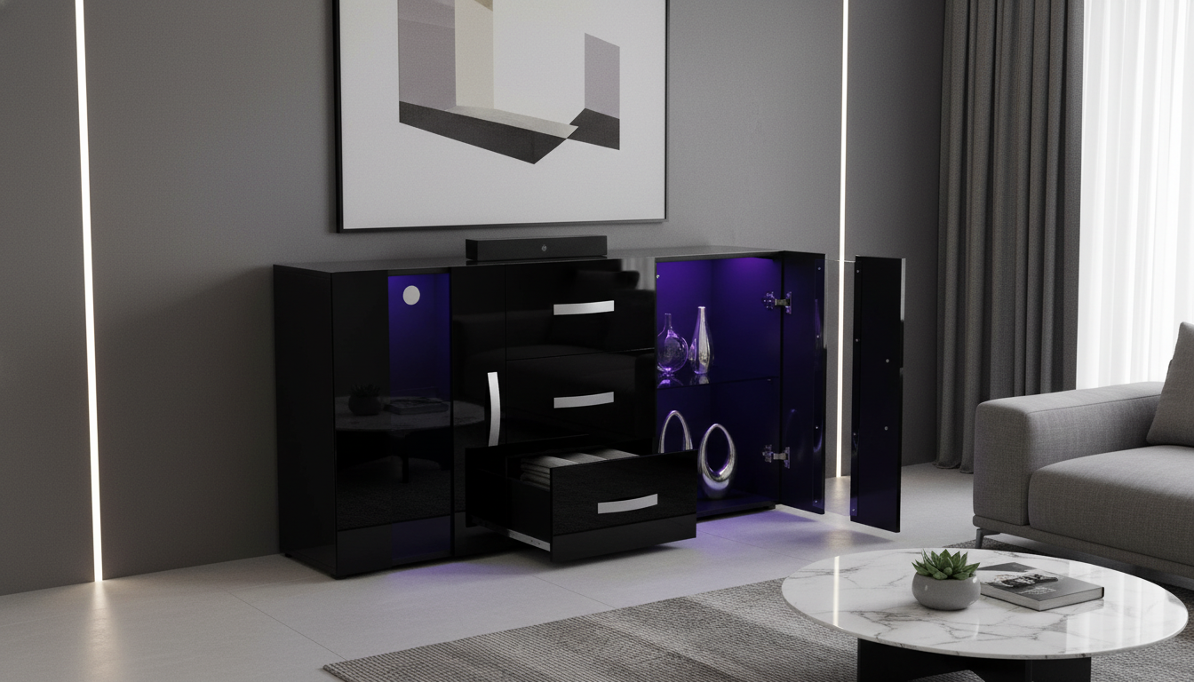 Best sideboard for gaming rooms and consoles in the UK 2026 Astro black high-gloss LED sideboard glowing with purple light in a modern minimalist apartment. Best sideboard for gaming rooms and consoles